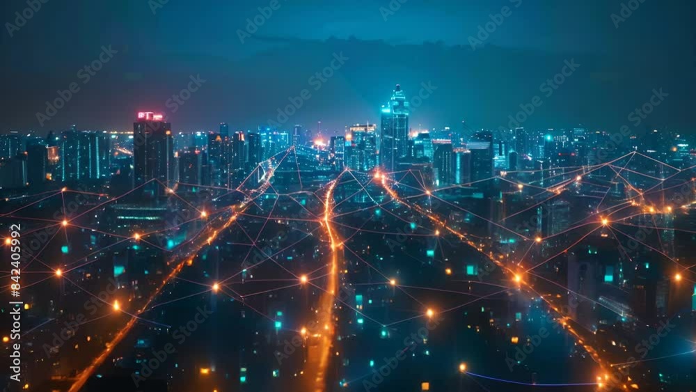 custom made wallpaper toronto digitalAn illuminated night view of a smart city showcasing interconnected networks and data flows