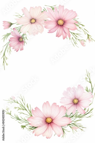 cosmos themed frame or border for photos . delicate pink and white flowers. watercolor illustration, white color background.