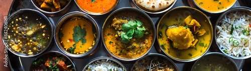 Top view of a traditional Gujarati thali, featuring a variety of vegetarian dishes, including dhokla, thepla, and khandvi photo