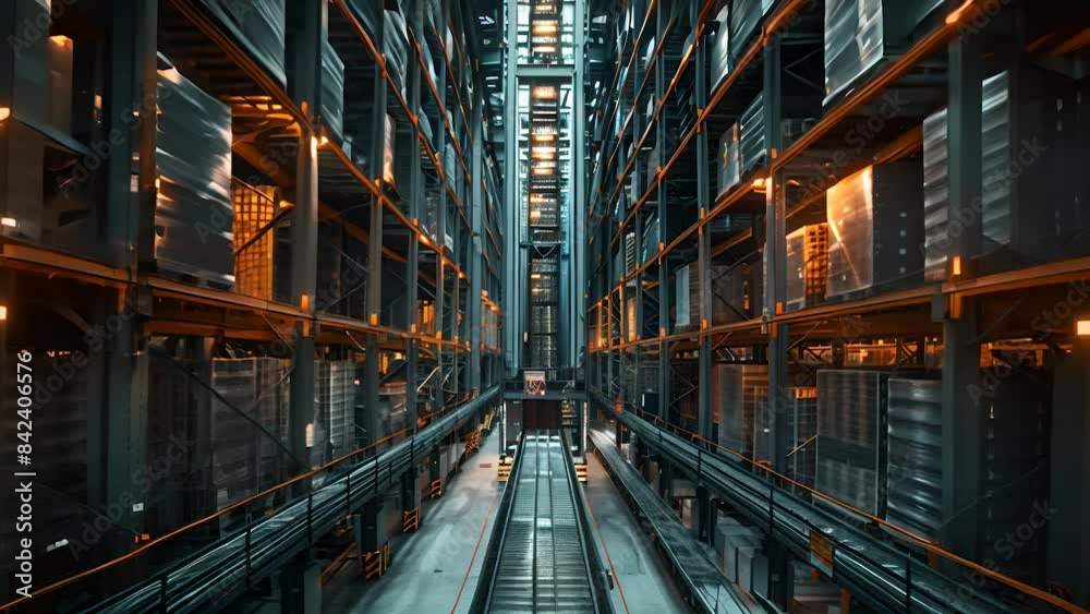 A striking view of an automated high-rise warehouse storage system, showcasing tall racks filled with pallets and containers under industrial lighting A striking view of an automated high-rise warehouse storage system, showcasing tall racks filled with pallets and containers under industrial lighting
