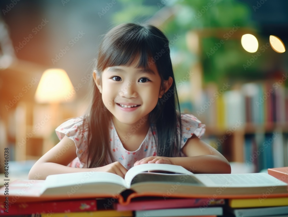A young child sitting at a table with a book, perfect for educational or personal use A young child sitting at a table with a book, perfect for educational or personal use