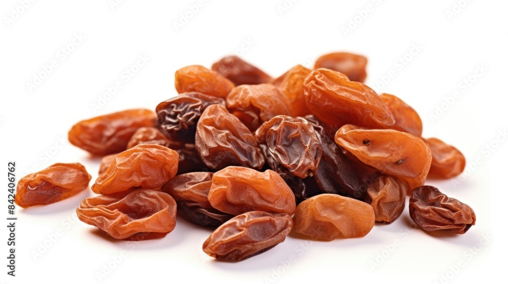 A pile of dried raisins sits on a clean white surface, ready for use in baking or cooking A pile of dried raisins sits on a clean white surface, ready for use in baking or cooking