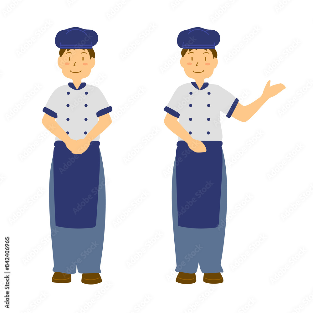 帽子をかぶって笑顔で接客する男性のイラスト