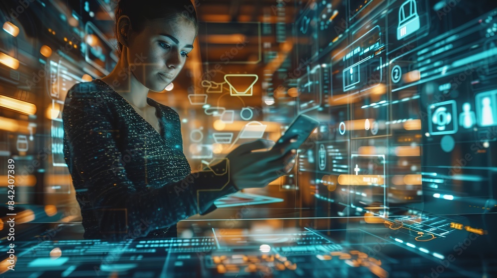 Executive using smartphone and credit card for online shopping, surrounded by holographic shopping icons and digital interface Executive using smartphone and credit card for online shopping, surrounded by holographic shopping icons and digital interface