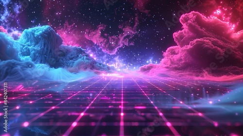 Synthwave vaporwave retrowave cyber background with copy space, laser grid, starry sky, blue and purple glows with smoke and particles photo
