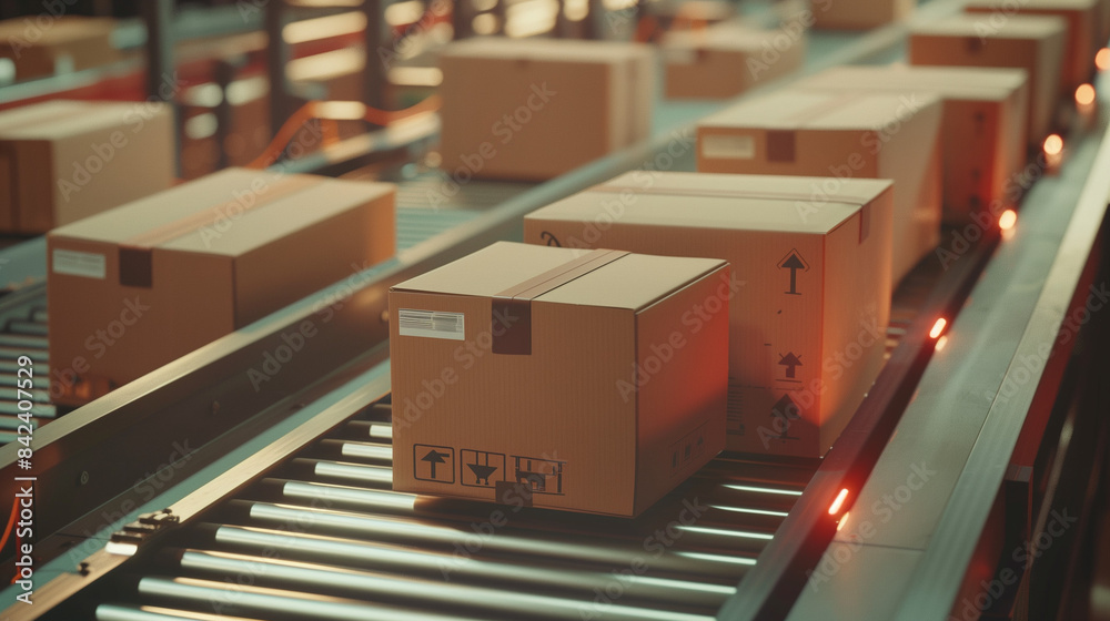 Closeup of multiple cardboard box packages seamlessly moving along a conveyor belt in a warehouse fulfillment center, a snapshot of e-commerce, delivery, automation, and products - Closeup of multiple cardboard box packages seamlessly moving along a conveyor belt in a warehouse fulfillment center, a snapshot of e-commerce, delivery, automation, and products -
