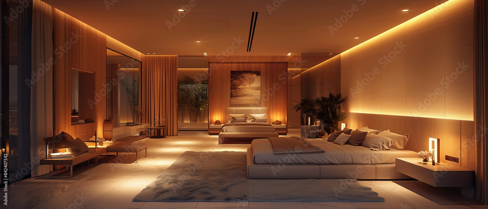 Minimalist luxury bedroom with soft lighting and clean lines Minimalist luxury bedroom with soft lighting and clean lines