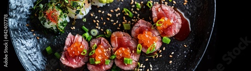 Top view of an izakaya spread featuring beef tataki, seared to perfection and garnished with green onions and ponzu sauce photo