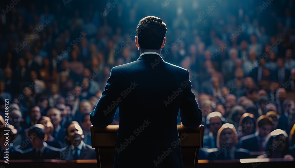 A man stands at a podium in front of a large crowd A man stands at a podium in front of a large crowd