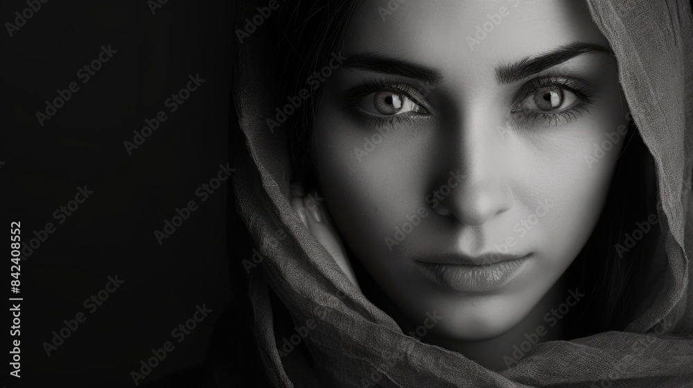 A woman wearing a veil photographed in black and white A woman wearing a veil photographed in black and white