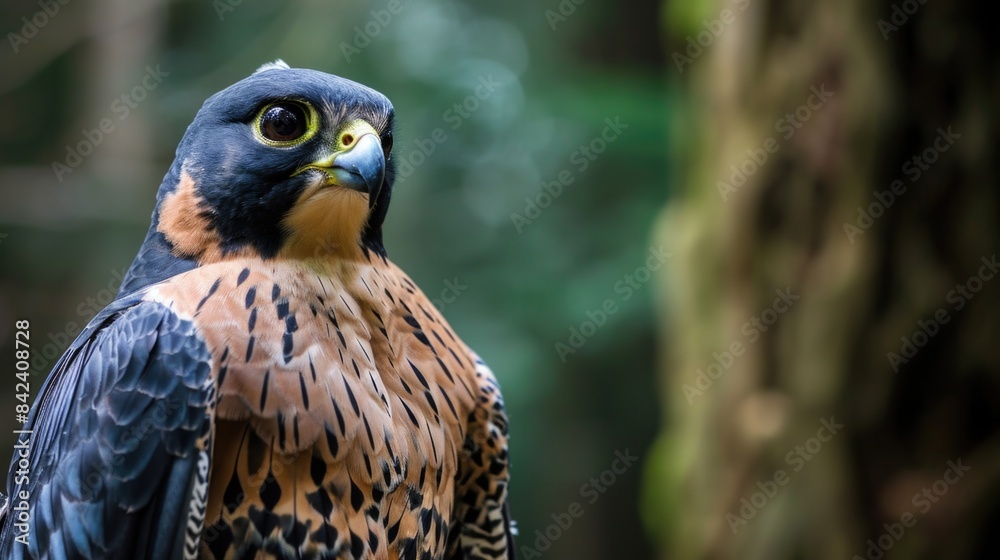 A close-up shot of a bird of prey perched on a tree branch, with a simple and natural background A close-up shot of a bird of prey perched on a tree branch, with a simple and natural background