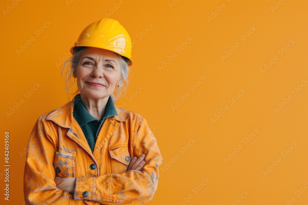 Elderly engineer in workwear and hard hat stands with crossed arms Elderly engineer in workwear and hard hat stands with crossed arms