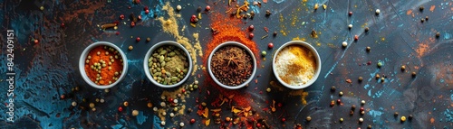 Top view of Bosnian seasonings in cups, displayed on a table scattered with assorted spices, emphasizing their unique features and textures