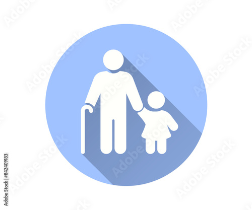Grandparent and grandchild icon, vector flat design with long shadow. Displays a senior man holding the hand of a young girl, set within a blue circle.