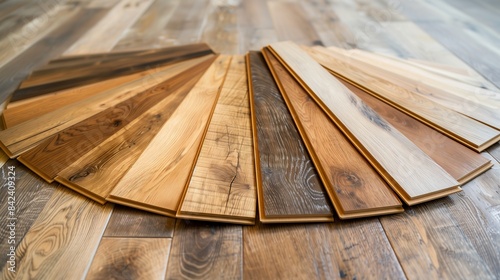 Edged wood boards fan out on the floor, showcasing textures and colors under soft lighting, highlighting craftsmanship.