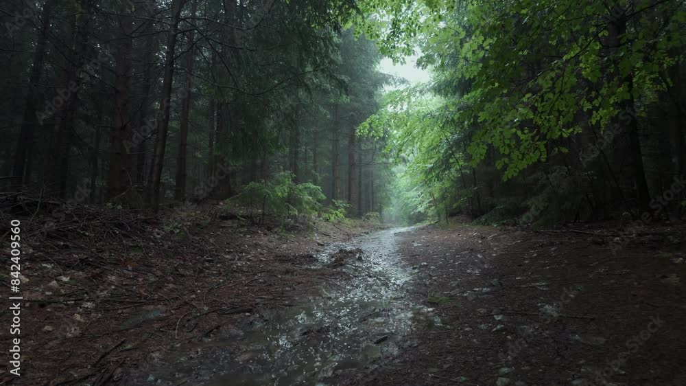 Brook flows after the rain through a beautiful leafy healthy forest on a spring morning. Wet mysterious nature in static view. Clean running water in a quiet forest
