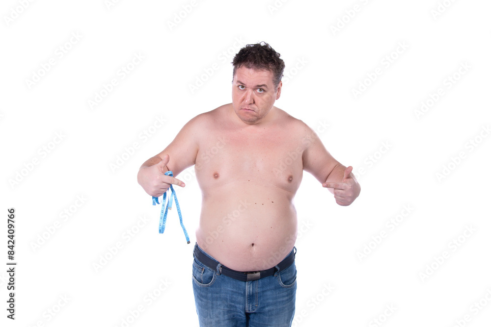 Fitness and healthy lifestyle. Funny fat guy on a diet. White background. Fitness and healthy lifestyle. Funny fat guy on a diet. White background.