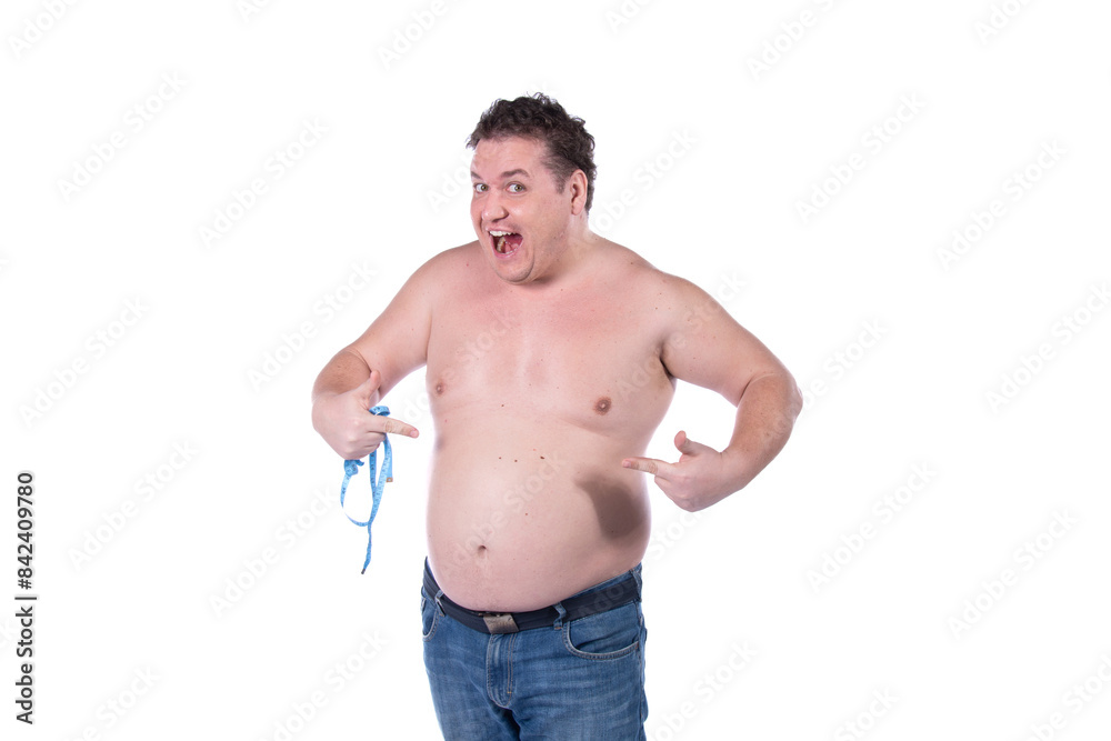 Fitness and healthy lifestyle. Funny fat guy on a diet. White background. Fitness and healthy lifestyle. Funny fat guy on a diet. White background.