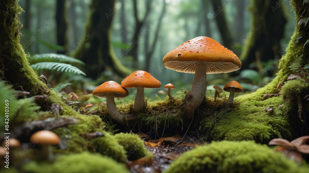 Fototapeta premium Exploring the intricate world of fungi in the jungle, where mushrooms emerge from mossy beds and create a vibrant, hidden ecosystem, Generative AI