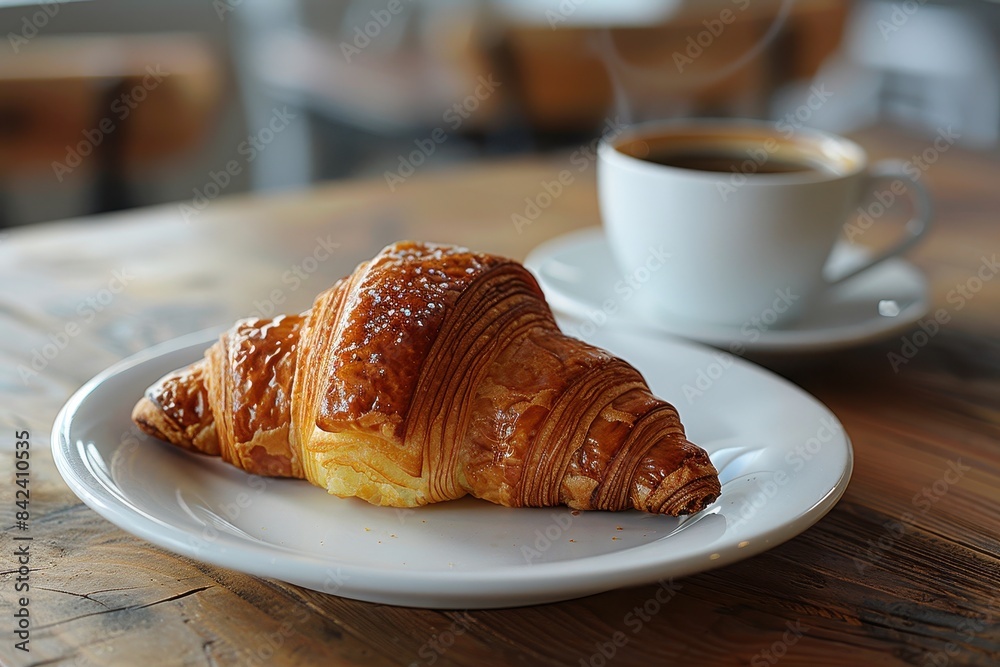 A fresh, golden-brown croissant on a white plate, accompanied by a steaming cup of black coffee in a white cup and saucer. Background: a rustic wooden table. A fresh, golden-brown croissant on a white plate, accompanied by a steaming cup of black coffee in a white cup and saucer. Background: a rustic wooden table.