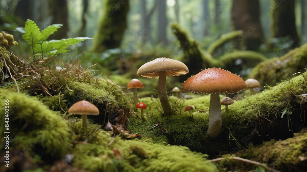 Fototapeta premium Observing the delicate interactions between mushrooms and moss in the jungle, capturing the essence of their symbiotic relationship, Generative AI