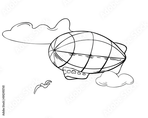 Retro airship in the sky black and white vector illustration isolated. Dirigible ink silhouette hand drawn. Zeppelin aircraft and clouds in contour. Simple cartoon transport coloring. Bird outline