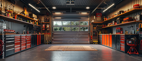 Modern garage interior with clean lines and organized tools