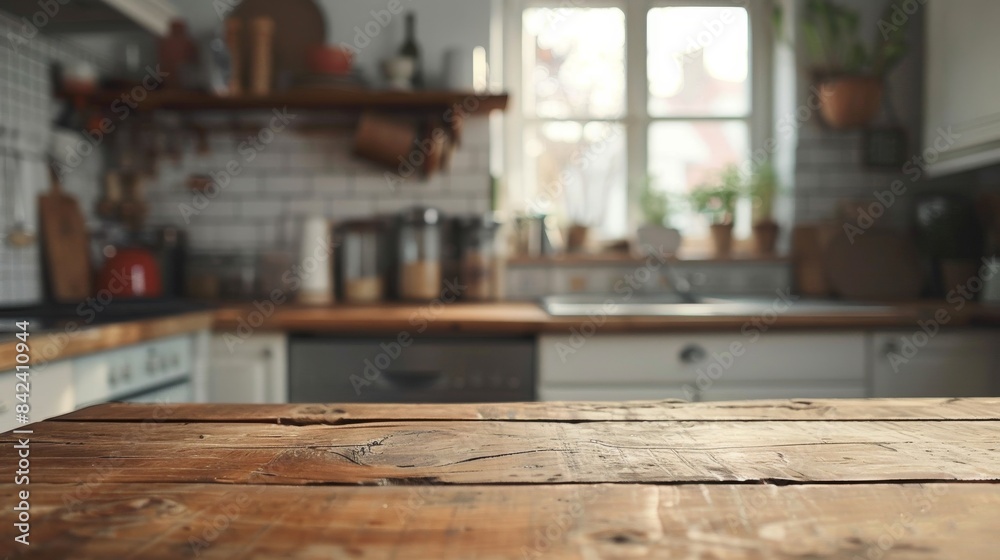 Blurred Kitchen Backdrop with Wooden Table Top, Ideal for Product Montage, Highlighting a Warm and Inviting Setting Blurred Kitchen Backdrop with Wooden Table Top, Ideal for Product Montage, Highlighting a Warm and Inviting Setting