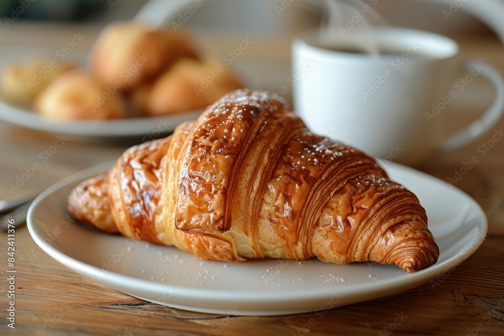 A fresh, golden-brown croissant on a white plate, accompanied by a steaming cup of black coffee in a white cup and saucer. Background: a rustic wooden table. A fresh, golden-brown croissant on a white plate, accompanied by a steaming cup of black coffee in a white cup and saucer. Background: a rustic wooden table.
