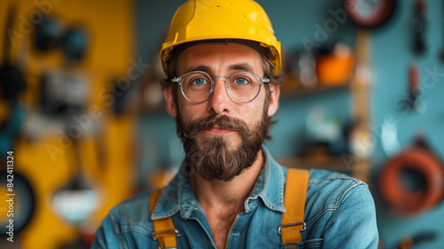A man wearing a yellow hard hat and blue overalls stands in his workshop, looking directly at the camera with a confident expression © Pavel Lysenko