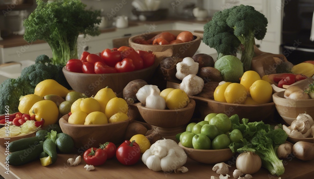 A wooden countertop showcases fresh produce: lemons, limes, garlic, onions, red peppers, mushrooms, broccoli, nuts, lettuce, and herbs, inspiring healthy cooking or meal prep. A wooden countertop showcases fresh produce: lemons, limes, garlic, onions, red peppers, mushrooms, broccoli, nuts, lettuce, and herbs, inspiring healthy cooking or meal prep.