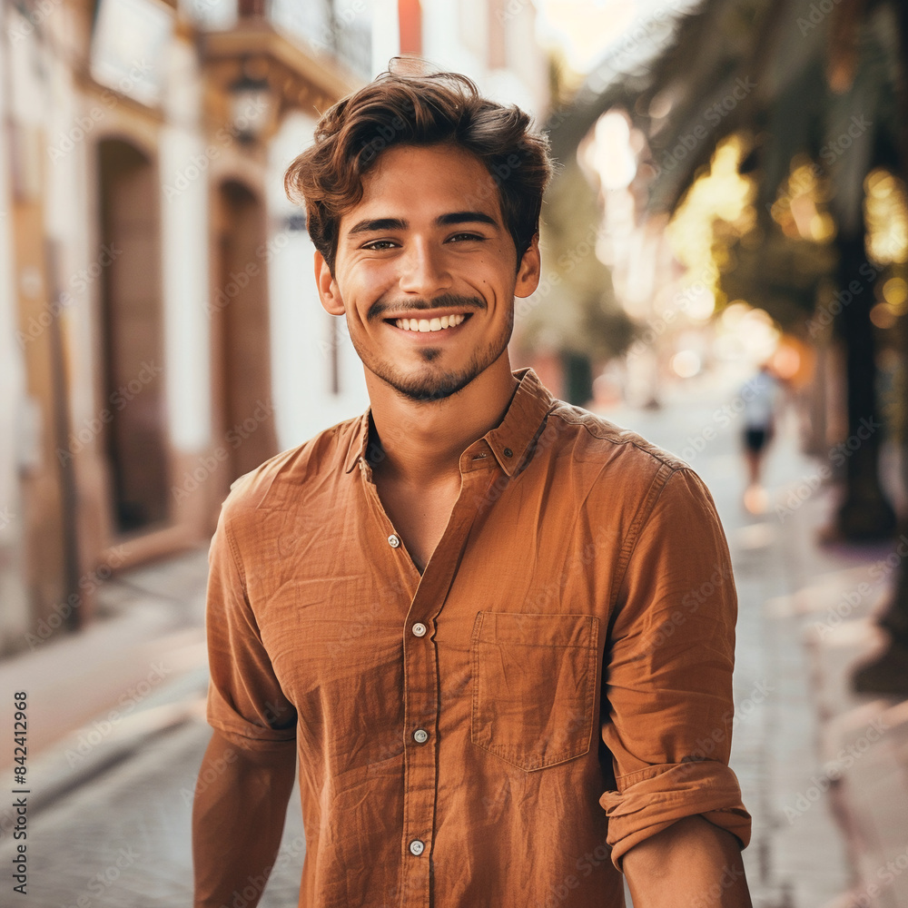 man of Hispanic background holding hands in places outside while smiling man of Hispanic background holding hands in places outside while smiling