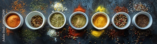Top view of Irish seasonings in cups, arranged on a table with an assortment of spices, highlighting their unique features and colors photo