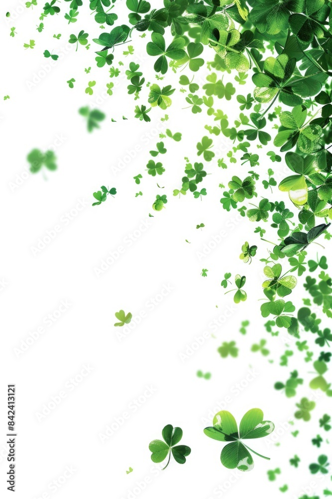 A cluster of green shamrock leaves suspended in mid-air, with movement and blur created by the camera's shutter speed A cluster of green shamrock leaves suspended in mid-air, with movement and blur created by the camera's shutter speed