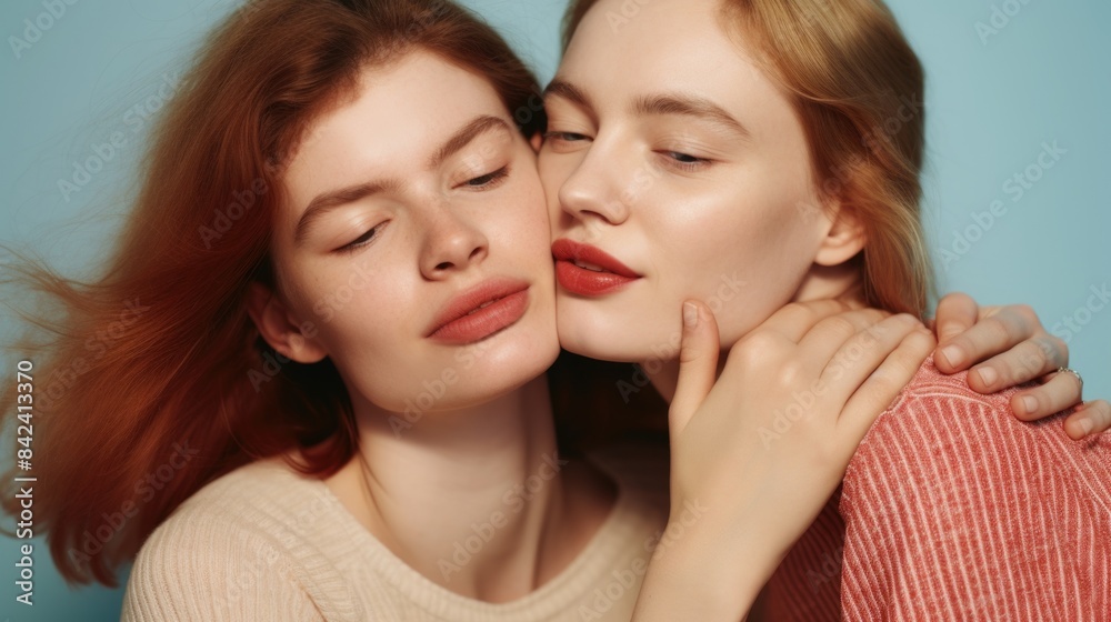 Two females with bright red hair share a romantic kiss, suitable for love and relationships themed projects Two females with bright red hair share a romantic kiss, suitable for love and relationships themed projects