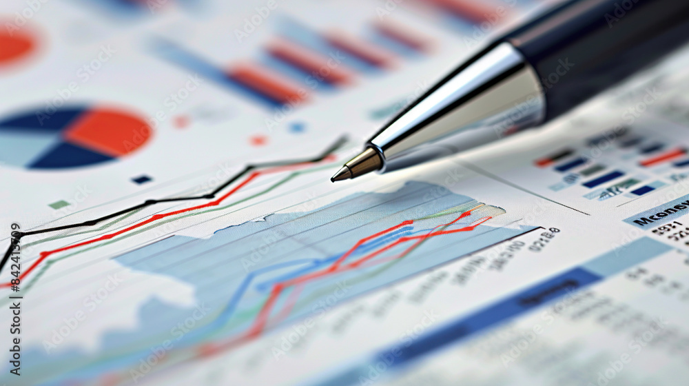 A pen in paper close-up of financial charts and charts A pen in paper close-up of financial charts and charts