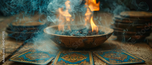 Mystic scene with tarot cards and burning incense