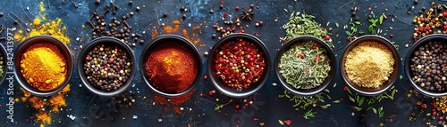 Top view of Luxembourgish seasonings in cups, set on a table adorned with spices, showcasing their vibrant hues and textures photo