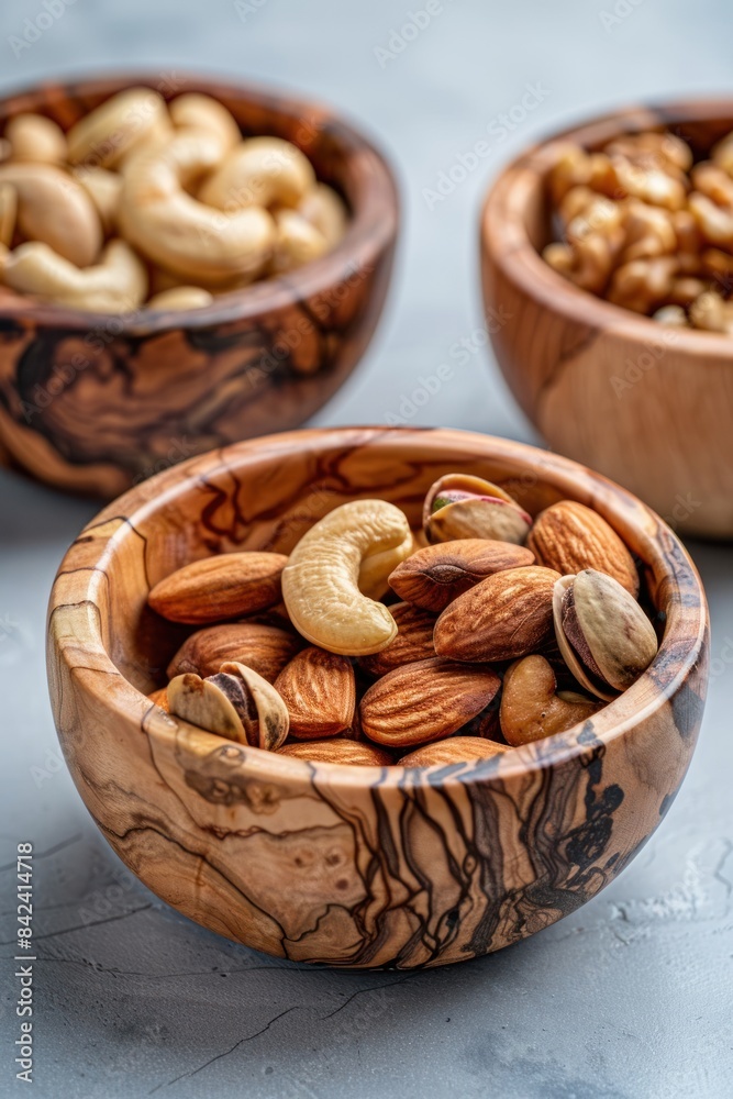Three wooden bowls filled with a variety of nuts like pistachios and cashews placed on a table Three wooden bowls filled with a variety of nuts like pistachios and cashews placed on a table