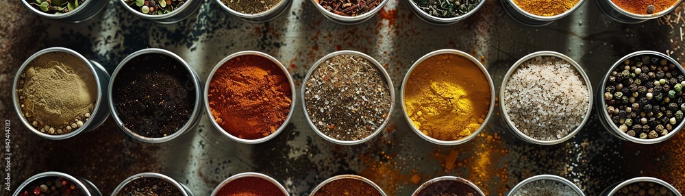 Top view of Omani seasonings in cups, displayed on a spicerich table, emphasizing their bold and diverse textures