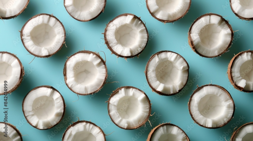 A group of coconuts arranged on a bright blue surface A group of coconuts arranged on a bright blue surface