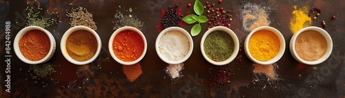 Top view of Portuguese seasonings in cups, presented on a spicecovered table, showcasing their fresh and colorful look