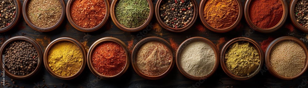 Top view of Russian seasonings in cups, set on a spiceadorned table, showcasing their rich colors and textures Top view of Russian seasonings in cups, set on a spiceadorned table, showcasing their rich colors and textures