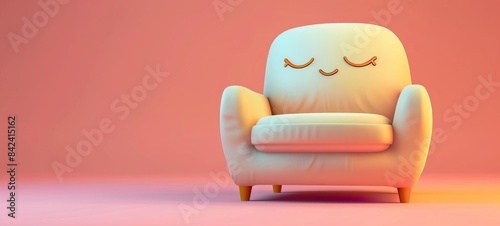 whimsical illustration of a comfy chair with a relaxed face. Cartoonish style, smooth lines, pastel colors. Friendly and inviting