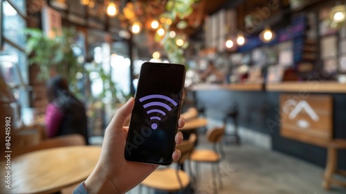 A person's hand holding a smartphone with a wi-fi icon on screen in a cozy coffee shop setting