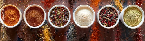 Top view of Yemeni seasonings in cups, displayed on a richly spiced table, emphasizing their diverse and colorful appearance