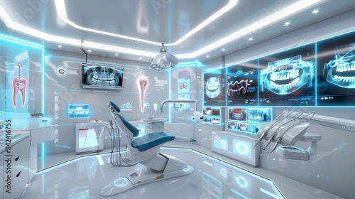 Futuristic dental office with advanced technology and equipment, featuring digital displays and a modern design for innovative dental care.