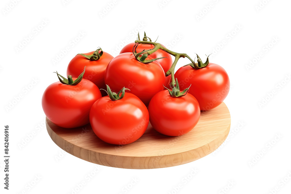 A Burst of Red: Tomatoes on a Wooden Canvas on White or PNG Transparent Background. A Burst of Red: Tomatoes on a Wooden Canvas on White or PNG Transparent Background.