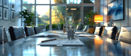 Public relations officer holding a meeting, office conference room with PR materials on the table, octane render, 32k, UHD
