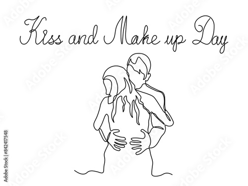 Kiss and Make up Day.couple of lovers, woman and man, love for each other, kiss, hug. continuous single line art drawing sketch, logo